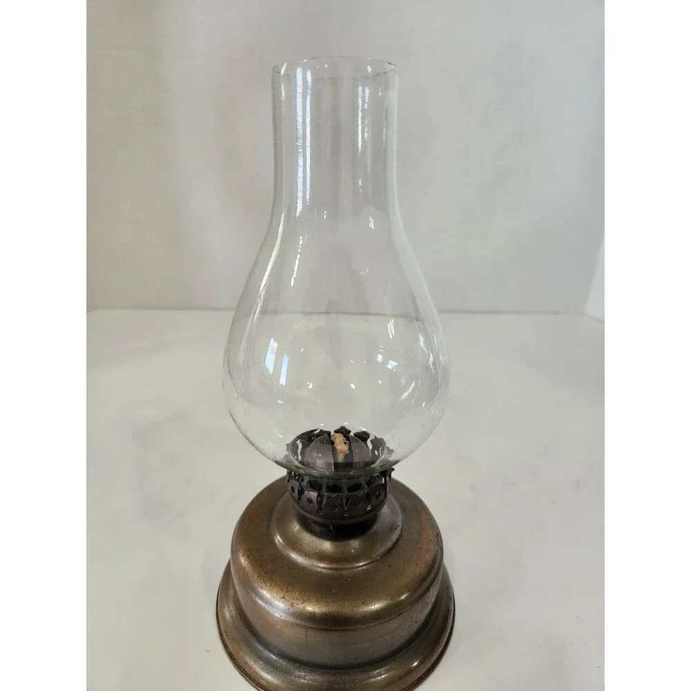 Mini Oil Lamp Vintage Metal Base Copper Color Clear Glass Shade 9